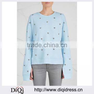 Wholesale Women Apparel Long Sleeve Blue Heart-embellished Cotton Sweatshirt(DQE0347T)