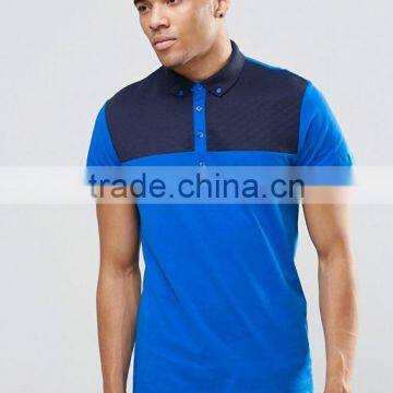 Custom Short Sleeve Button Placket Quilted Yoke Blue Men's 100% Cotton Soft Jersey 200g Blank Casual Polo Shirt