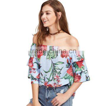 MAXNEGIO Ladies Crop Top Chest Floral Printing off Shoulder Blouse for Women photo-5