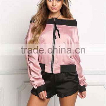 MGOO 2017 Hot Sale Cheap Price Off Shoulder Pink Jackets Custom Fashion Satin Bomber Tops Crop Style photo-2