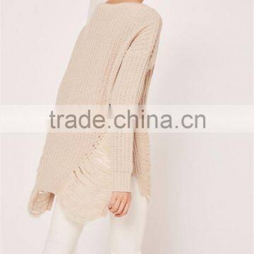Custom Made Women Longline Oversized Knitwear Private Label Own Branding Sweater Distressed Off Shoulder Jumper Cream photo-2