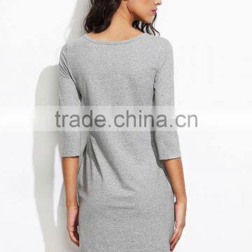 Grey Raw Hem Closed Eyes Print Dress Cotton Spandex 3/4 Sleeve Summer Cartoon Pocket Tee Dress photo-4
