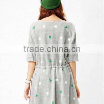 Female Money Shallow Hemp Grey Knitted Rabbit Dot Printing on the Waist Rope Bat Sleeve Dress photo-2