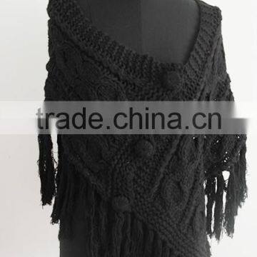 Fashion black hand made cable knit poncho sweater