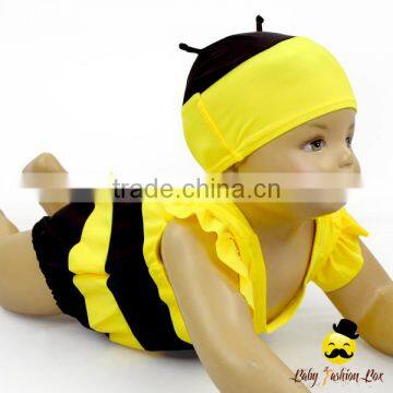 Kids Cute Unisex Remake Props Bee Cosplay Yellow And Black Flutter Sleeve One Piece Beach Clothes With Cap 2pcs Swimwear photo-2