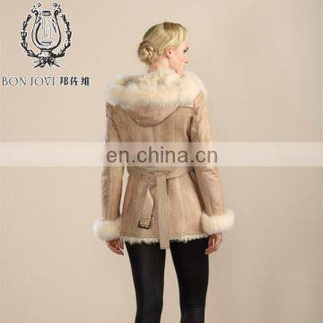 Stylish Sheep Fur & Skin Jacket Real Animal Fur Coat With Cap Leather Jacket For Women photo-2