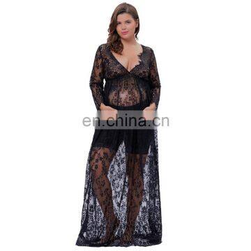 Kate Kasin Maternity SexyDeep V-Neck Long Sleeve See-Through Black Lace Maxi Long Maternity Dress KK001082-1