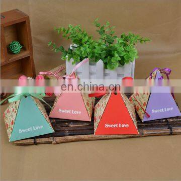 Pyramid shape wedding favor box or paper candy box with ribbon