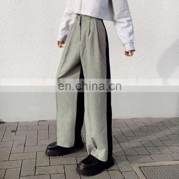 New Arrival Fashion Women Casual Ankle Length Vintage Gray Plaid Pants Loose Wide Leg Trousers