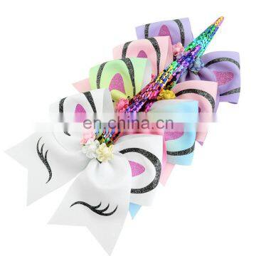 7inch Girl Unicorn Hair Bow Kids Handmade Rainbow Sequin Boutique Hairbands 12styles photo-2