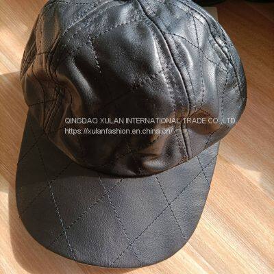 Diamond Quilting Genuine Lambskin Leather Baseball Caps photo-5