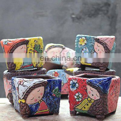 Lovely Girl Creative Succulent Flower Pot Square Ceramic Flowerpot Pottery Porcelain Funny Planters Garden Pot