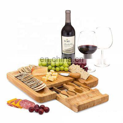 Eco-friendly Bamboo Cheese Board pizza steak tray storage plate kitchen tray plate with 4 Piece Cutlery Cheese Knife Set