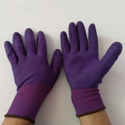 Purple Polyester Thread 13 Gauge Knitted Purple Foamed Wrinkled Latex Palm Coated Safety Work Gloves photo-4