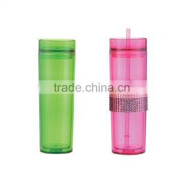 16OZ Double wall plastic mug with rhinestone decoration and straw