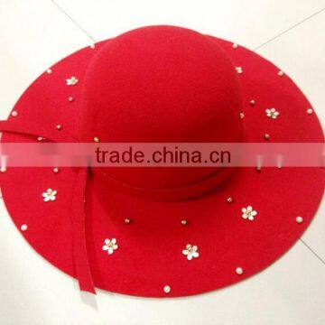 Fashion Women Flower Pearl Beaded Large Brim Trilby Fedora Hats With Ribbon