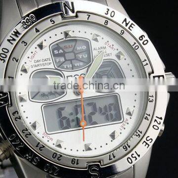 Brand New mens man analog digital alarm white face stainless steel sport quartz watch