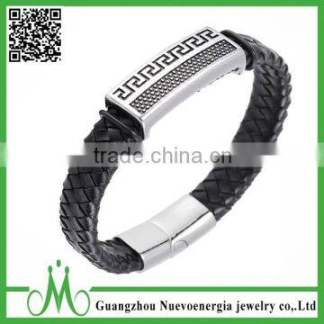 Latest Design Wide Braided Leather Bracelet Men Black Genuine Leather Bangle 316L Stainless Steel Magnetic Clasp