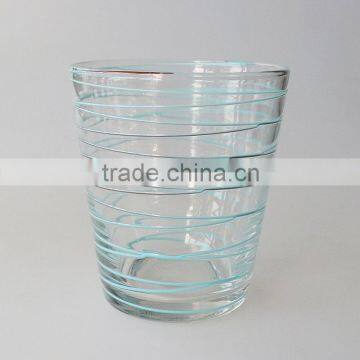 Sodalime blue wrap line wide mouth drinking water glass promotion handblown