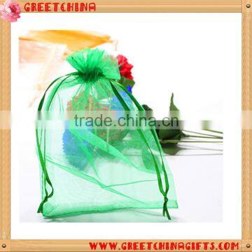 Promotional gift green cosmetics drawing organza bag with ribbon