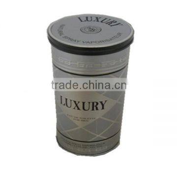 Round Perfume CMKY tin box with silver color