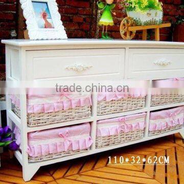 Antique white wooden cabinet with willow drawers for home decoration