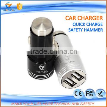 Hot sale Newest Design High quality fast speed cell USB phone car charger 5V 3.4A, car safety hammer Wholesale