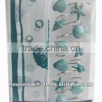 sea and fishes,hot selling 1pc peva shower curtain matching with 12pcs decorative resin bath shower curtain hooks