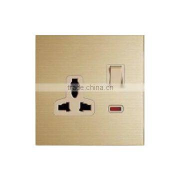 British style brushed aluminum golden switched socket with neon