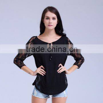 Women Slub Jersey Knit Blouse With Lace Sleeves