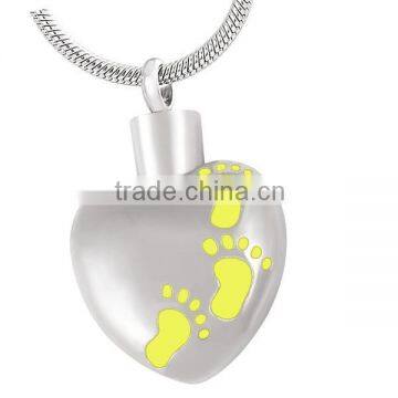 SRP8377-Yellow Human Cremation Memorials 3-Footprint Heart Necklace Stainless Steel Cremation Urn Pendant