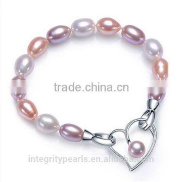 7mm AAA drop shape mixed color with 925 silver heart pendant clasp freshwater pearl bracelet and bangle