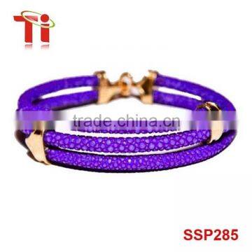 Fashion Purple Genuine Stingray Leather Bracelet with Stainless Steel Clasp 8 Inch High Quality