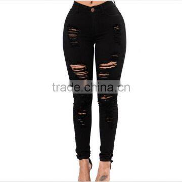 2017 Summer Latest Design Mid Waist Pure Colors Plus Size Holes Denim Jeans Pants Skinny Pant for Sexy Girls photo-2