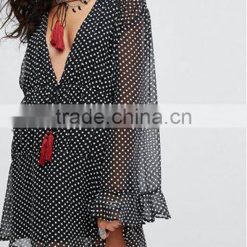 Cheap chiffon Polka Dot Plunge neck Tassel detail Wide-cut sleeves Ruffle trims Festival Smock Dress