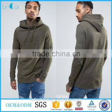 Hiphop longline oversized t shirt 2017 men fashion t shirt long sleeve hoodies with zip pocket in khak