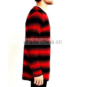 Crew Neck Long Sleeve Acrylic Pullover Purl Knit Mens Red and Black Striped Sweater photo-2