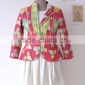 Handmade Vintage Kantha Boho Jacket in One of a Kind Fuschia & Green Print ~ Small photo-2