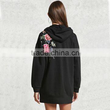 High Quality Windproof Blcak Embroidered Floral Hoodie Womens Long Jackets photo-4