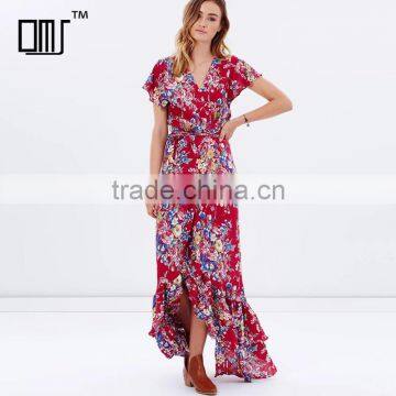 Bambi bloom floral printed short sleeve ruffled maxi wrap dresses