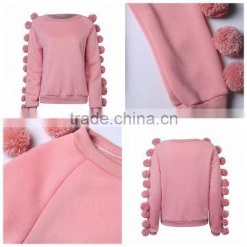 Ladies Cute Pink Pom Pom Embellished Sleeve Basic Sweatshirts photo-3