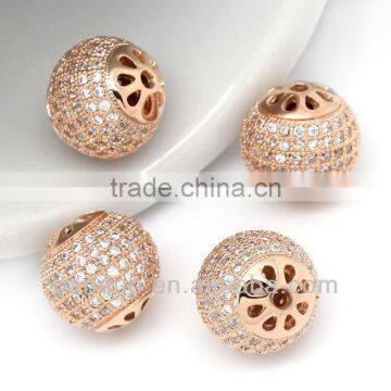 Copper Charm Beads Round Rose Gold Micro Pave Exquisite Clear Cubic Zirconia 12mm Dia,Hole:Approx 1.3mm,1PC,Hottest