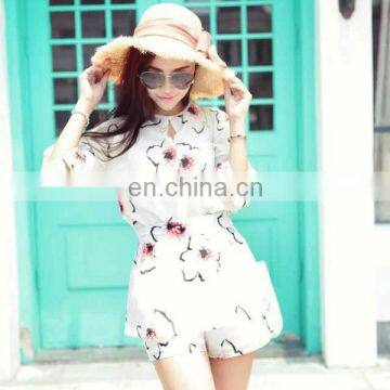 Powersweet Latest Arrival Floral Printed Half Sleeve Chiffon Two Pieces Blouse And Shorts