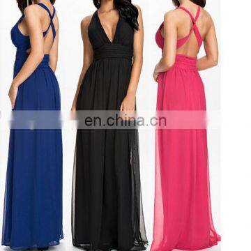 Backless long chiffon maxi dress with v neck design