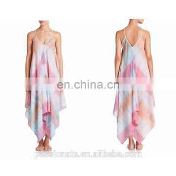 Tie dye print cotton cover ups double v neck sleeveless beach dress