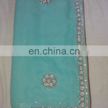 Ethnic Handmade Moti Work Georgette Skyblue Saree Sari