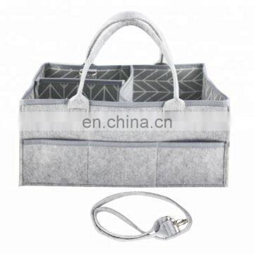 Customized grey felt diaper caddy with shoulder stripe