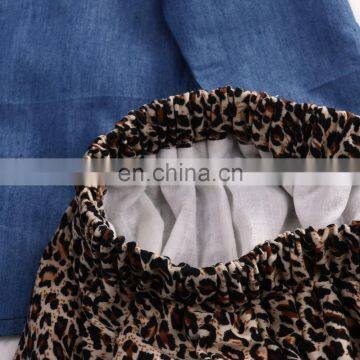 Denim Style Top Matching Leopard Pattern Dress and Headband 3pcs Girls Suit Wholesale Price photo-3