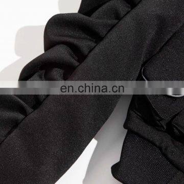 Women Zip up Buckle Close Long Ruched Sleeve Cropped Black Bomber Jacket photo-4