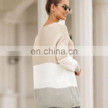 Hot Selling US Market Sexy Knit V-neck Strapless Color Block Women's Loose Fit Pullover Sweater